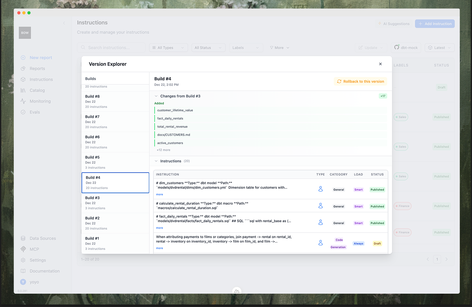 Version explorer showing build history and rollback
